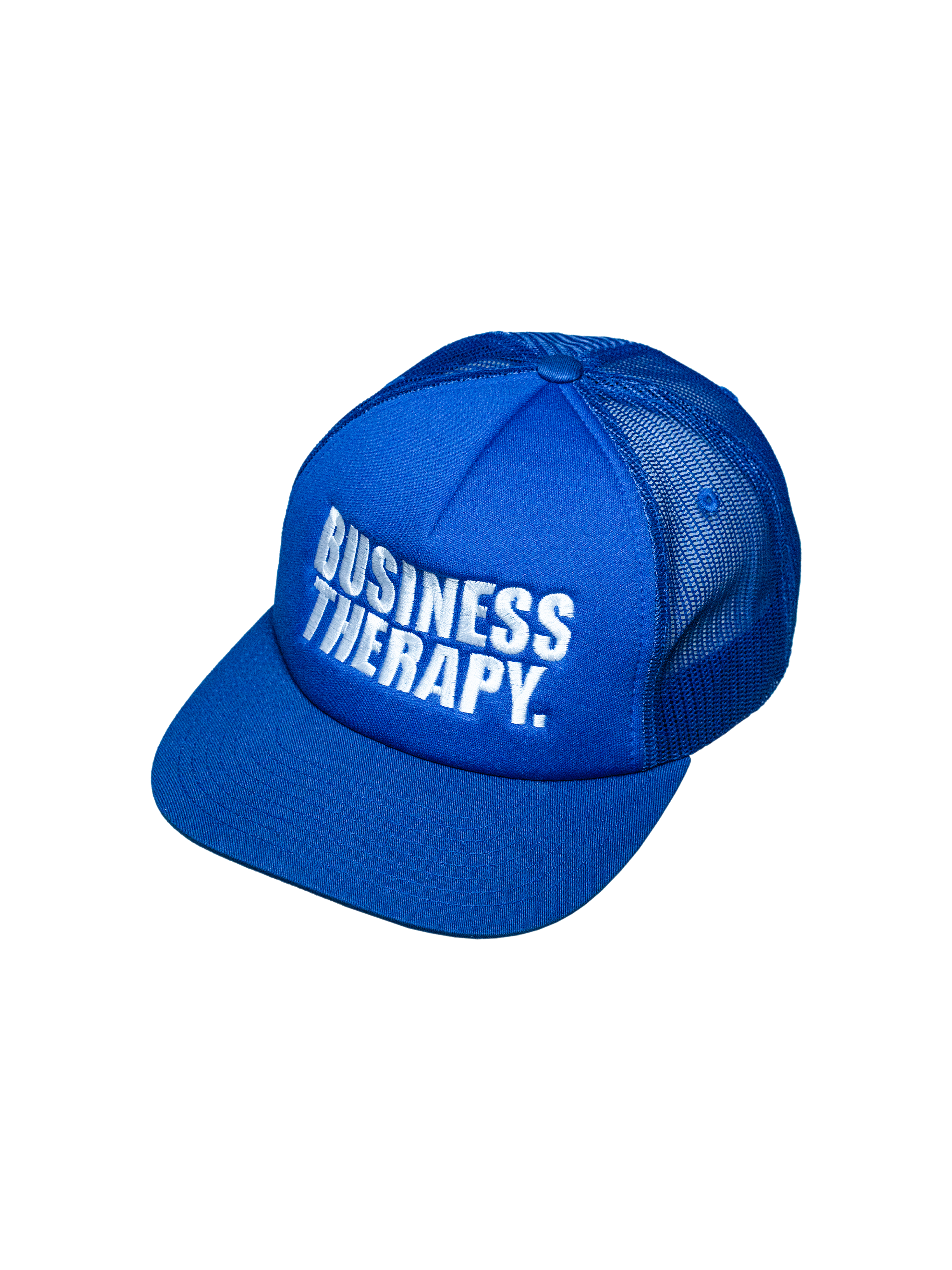 Casquette Business Therapy Trucker bleue présentée en packshot sur fond blanc.