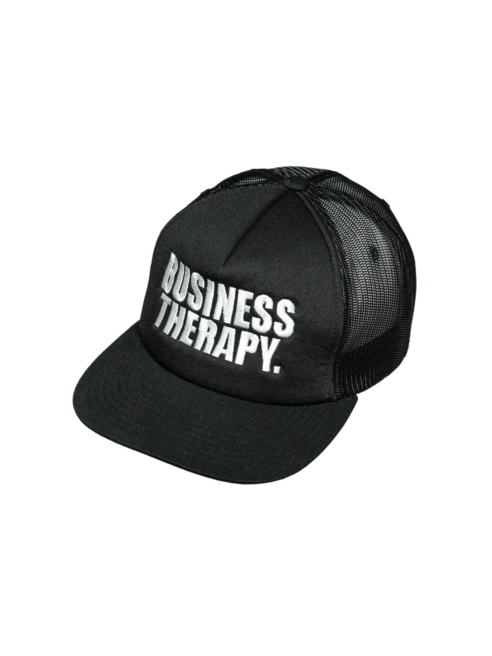 Casquette Business Therapy Trucker noire présentée en packshot sur fond blanc
