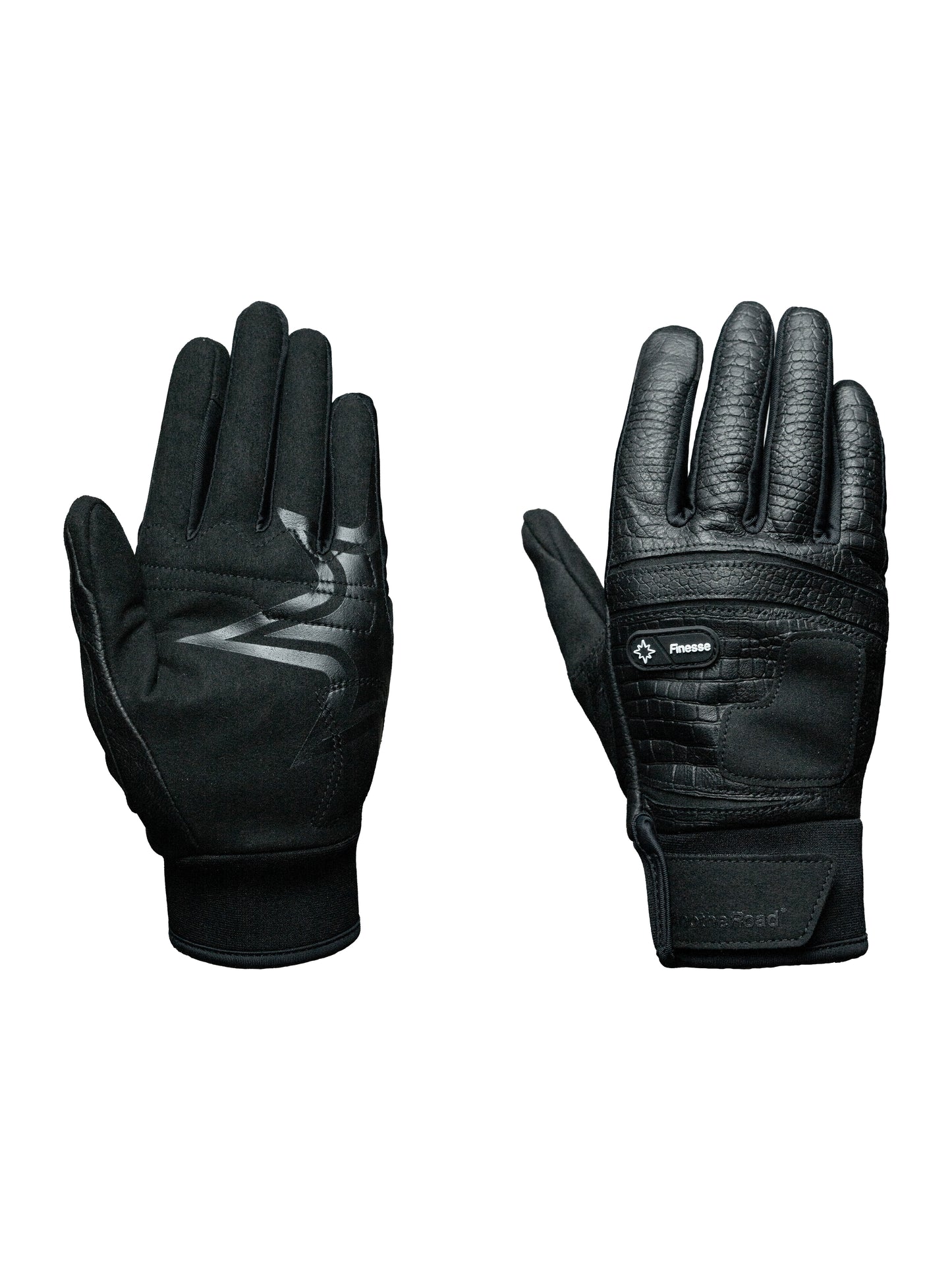 Gants Finesse Leather Gloves effet crocodile noirs, sur fond blanc