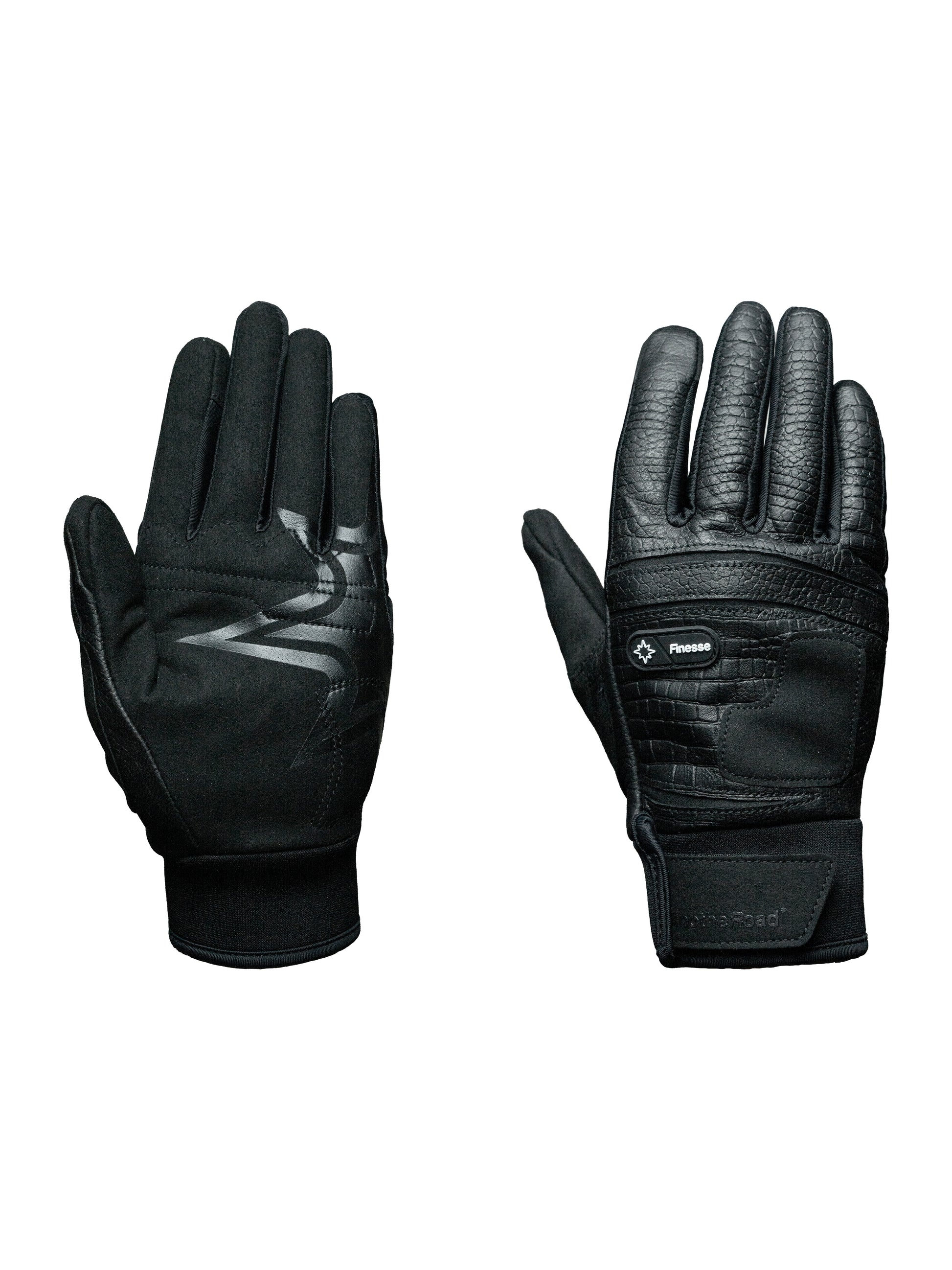 Gants Finesse Leather Gloves effet crocodile noirs, sur fond blanc