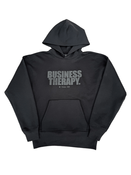 HOODIE "BUSINESS THERAPY" BLACK ON BLACK PUFF