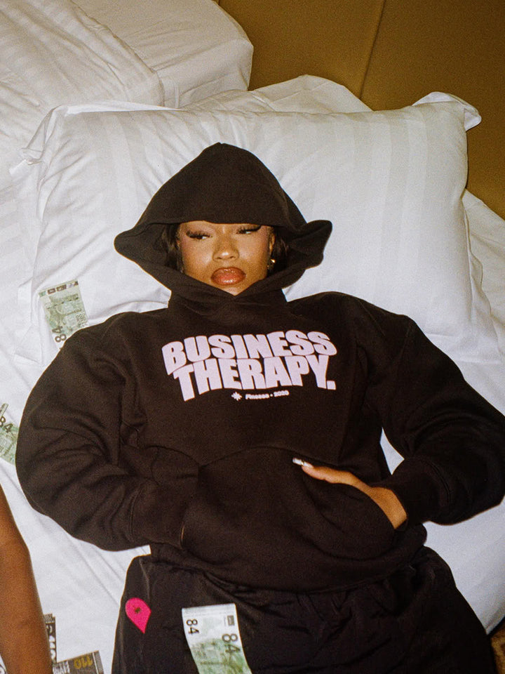 Model wearing the Business Therapy Hoodie Pink Puff - Finesse lookbook