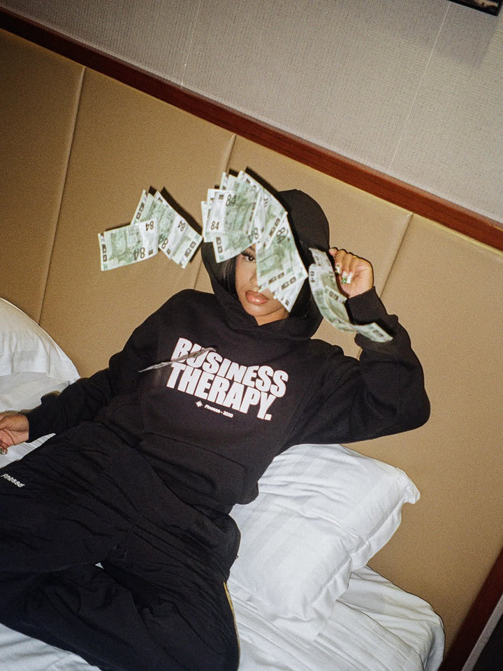 Model wearing the Business Therapy Hoodie Pink Puff - Finesse lookbook