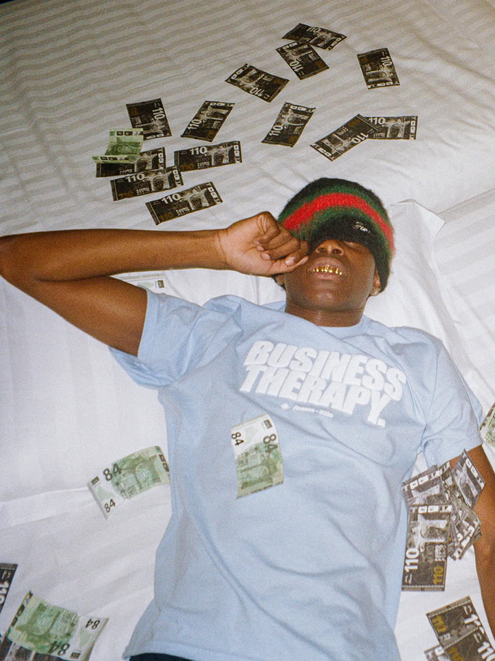 Model wearing the Business Therapy Tee Baby Blue - Finesse lookbook