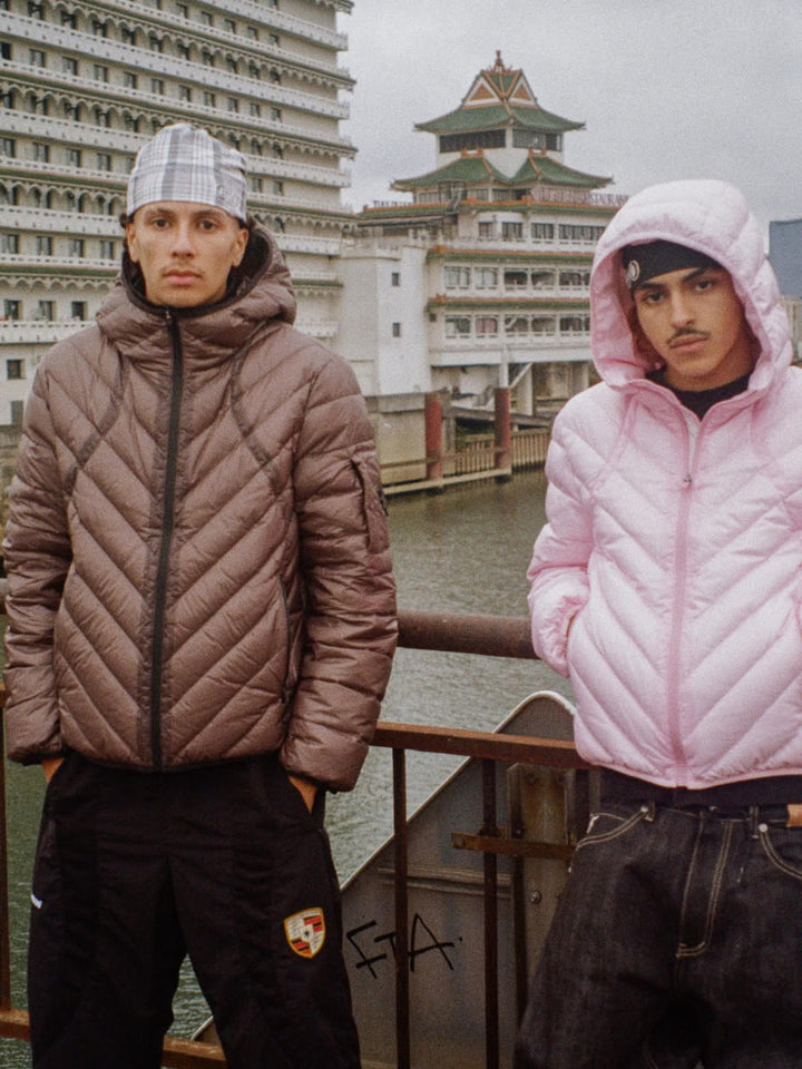 Model wearing the Slim Puffer Jacket Dark Grey - Finesse lookbook