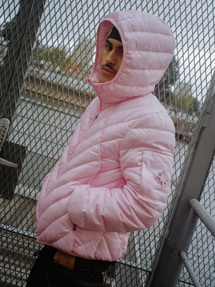 Model wearing the Slim Puffer Jacket Pink - Finesse lookbook