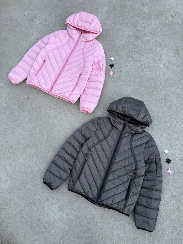 Slim Puffer Jacket Dark Grey and Pink - flat lay - Finesse